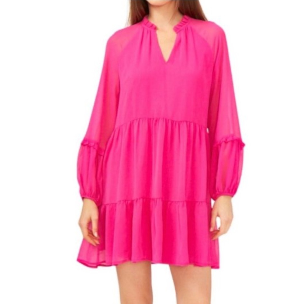 Vince Camuto Hot Pink Tiered Long-Sleeve Shift Dress